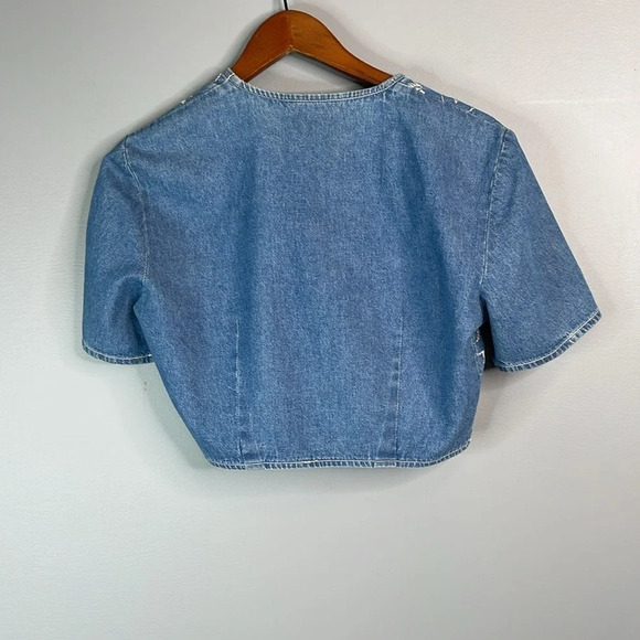 Y2K 90s Vintage Sketches Embroidered Denim Jacket Bolero Crop Blue Light Wash 4 - Picture 5 of 8